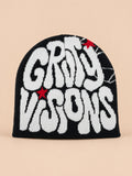Berretto hip-hop in maglia con scritte, stile streetwear, colori nero e bianco, GRIND VISIONS, vista frontale