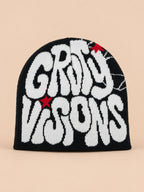 Berretto hip-hop in maglia con scritte, stile streetwear, colori nero e bianco, GRIND VISIONS, vista frontale