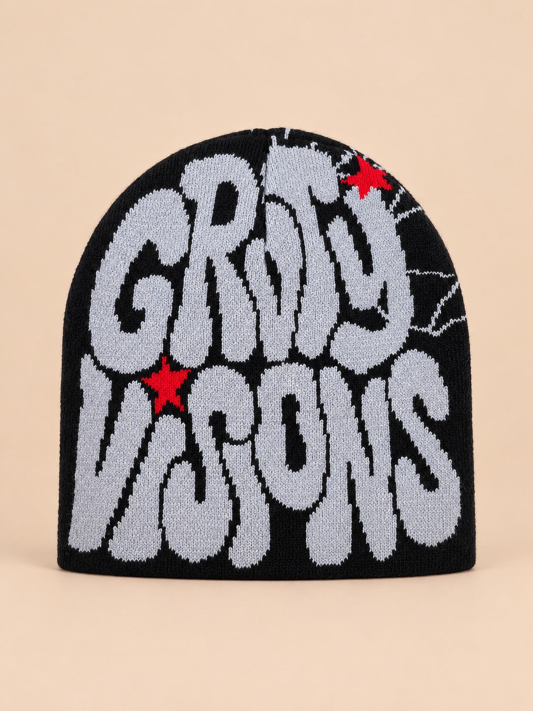 Berretto hip-hop in maglia con scritte, stile streetwear, colori nero e grigio, GRIND VISIONS, vista frontale