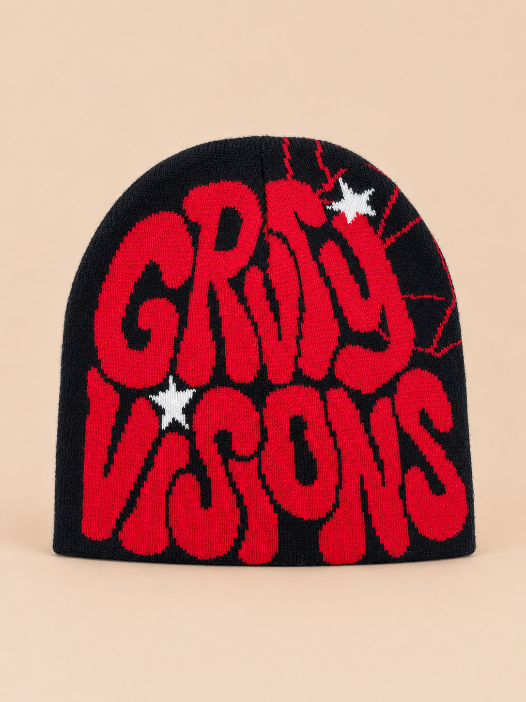 Berretto hip-hop in maglia con scritte, stile streetwear, colori nero e rosso, GRIND VISIONS, vista frontale