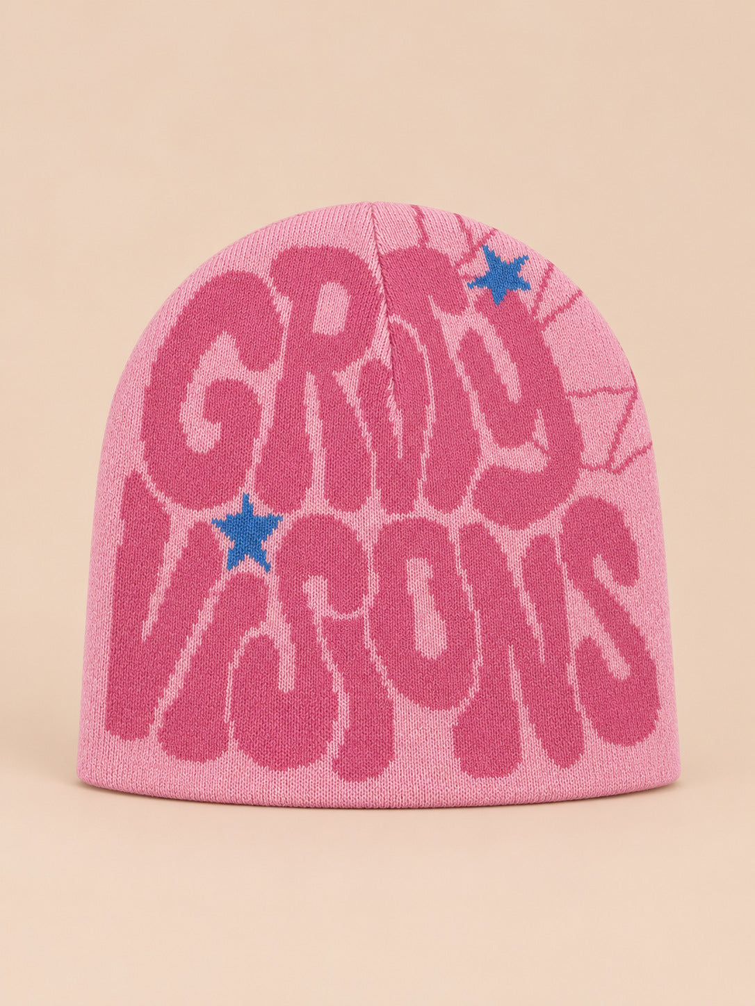 Berretto hip-hop in maglia con scritte, stile streetwear, colore rosa, GRIND VISIONS, vista frontale