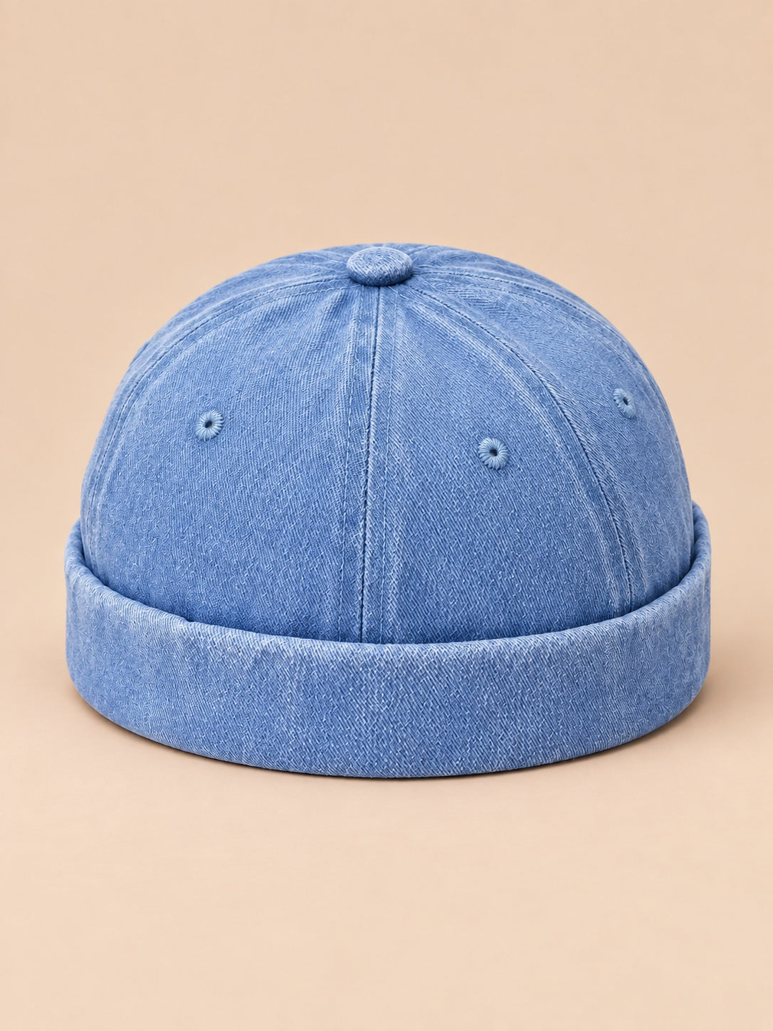 Berretto docker da marinaio in denim di cotone scolorito, colore blu, vista frontale