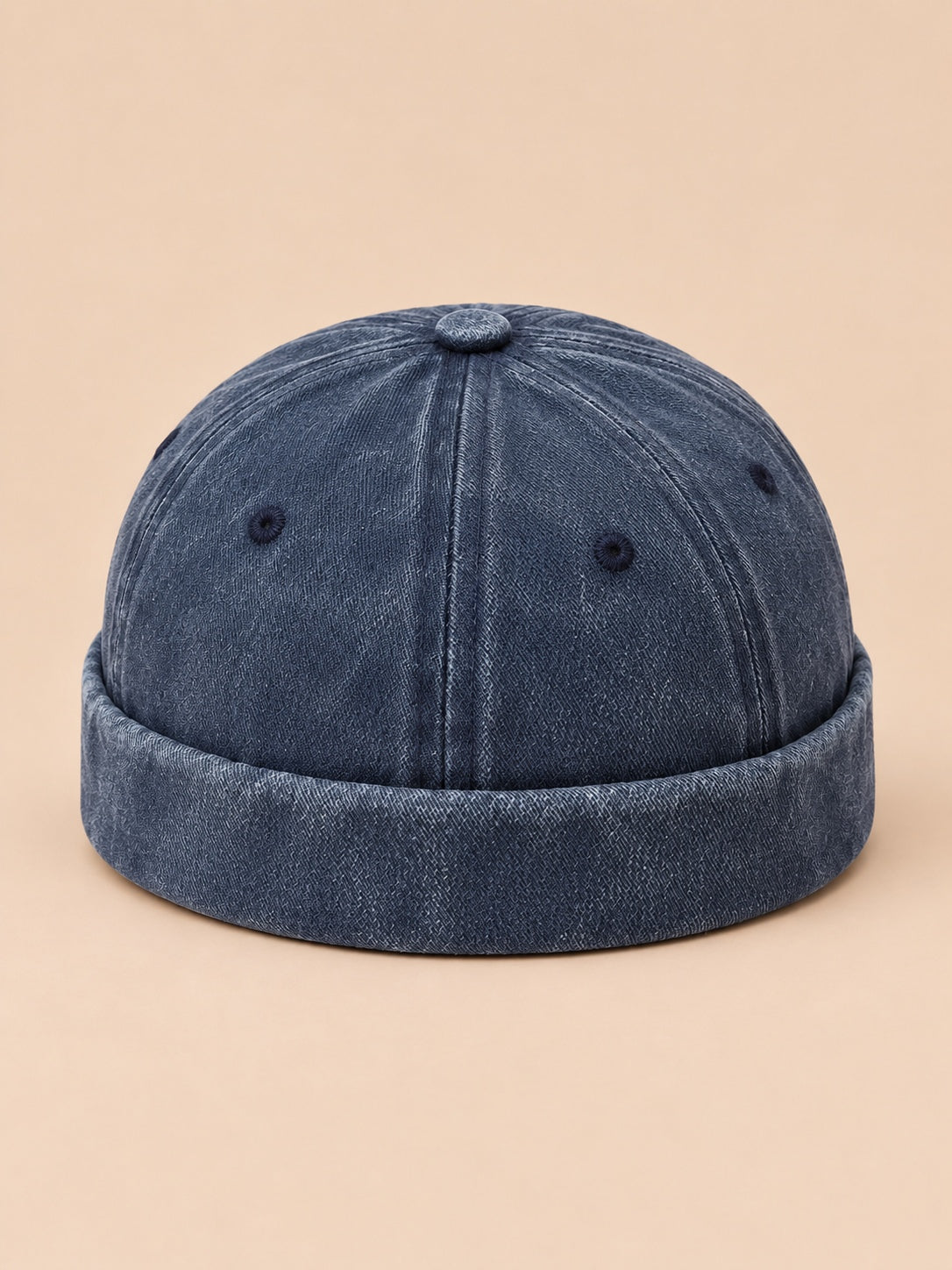 Berretto docker da marinaio in denim di cotone scolorito, colore blu navy, vista frontale