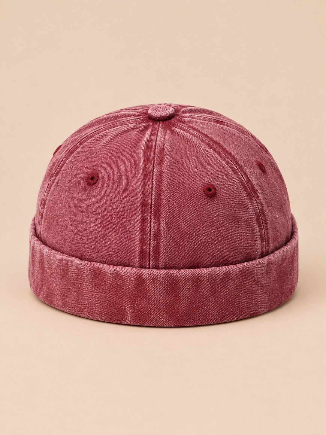 Berretto docker da marinaio in denim di cotone scolorito, colore bordeaux, vista frontale