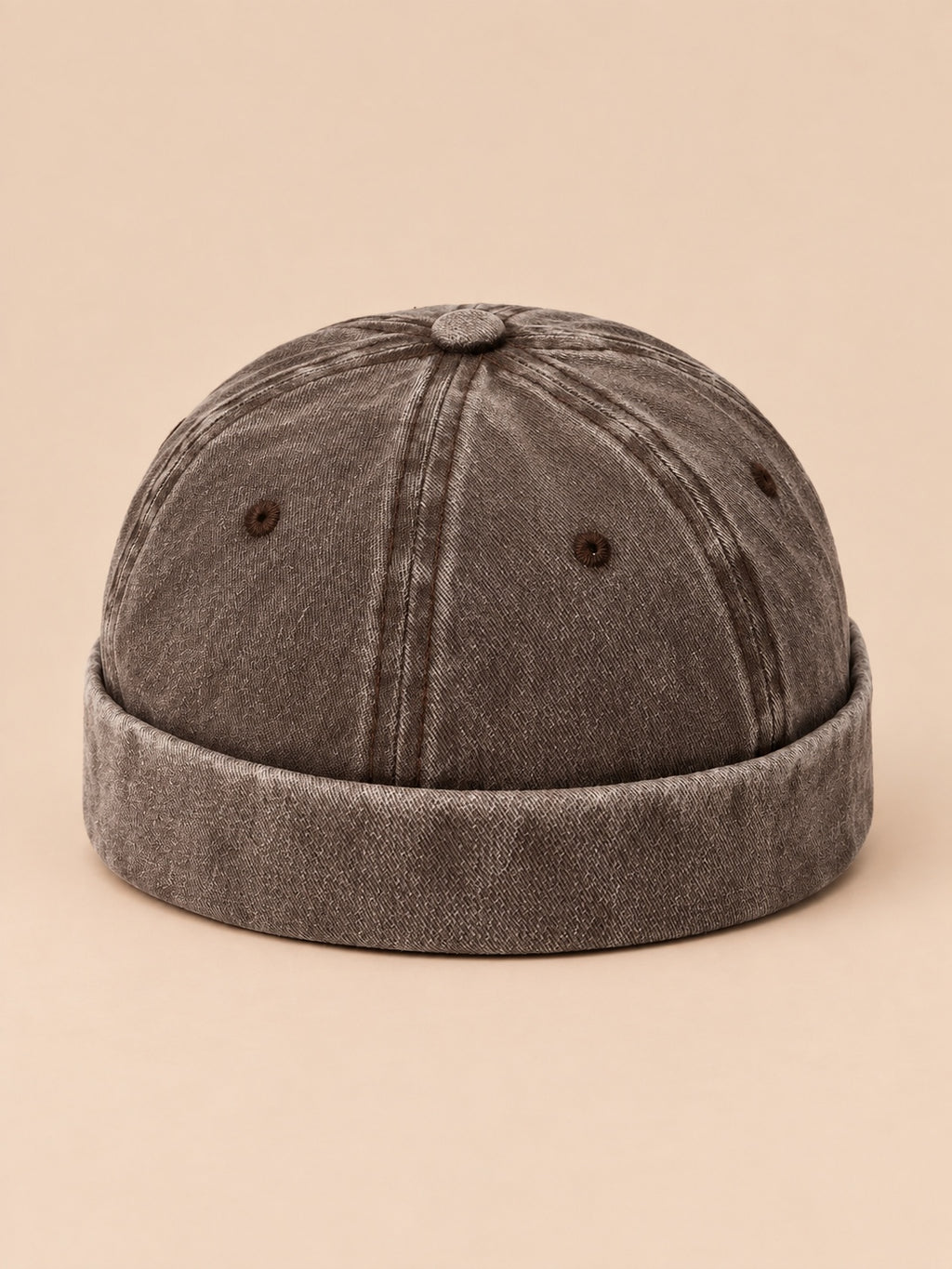 Berretto docker da marinaio in denim di cotone scolorito, colore caffè, vista frontale