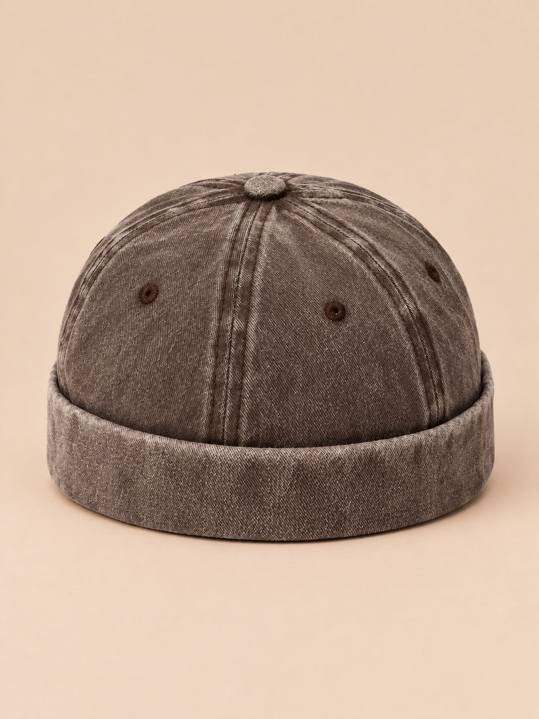 Berretto docker da marinaio in denim di cotone scolorito, colore caffè, vista frontale