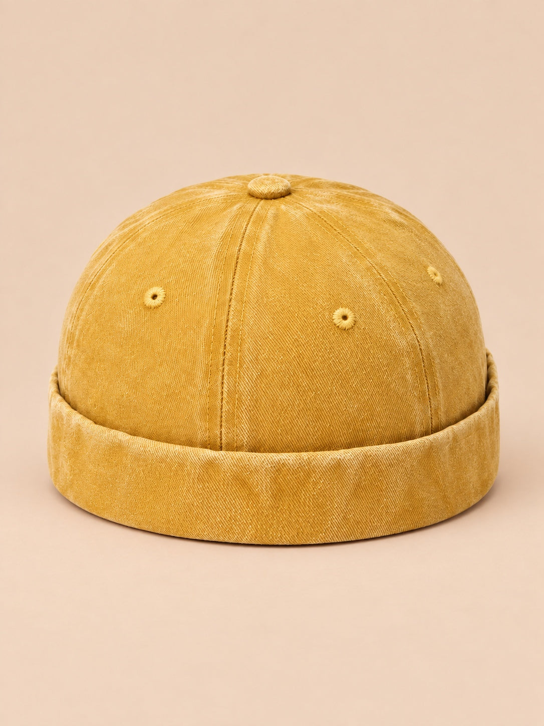 Berretto docker da marinaio in denim di cotone scolorito, colore giallo, vista frontale