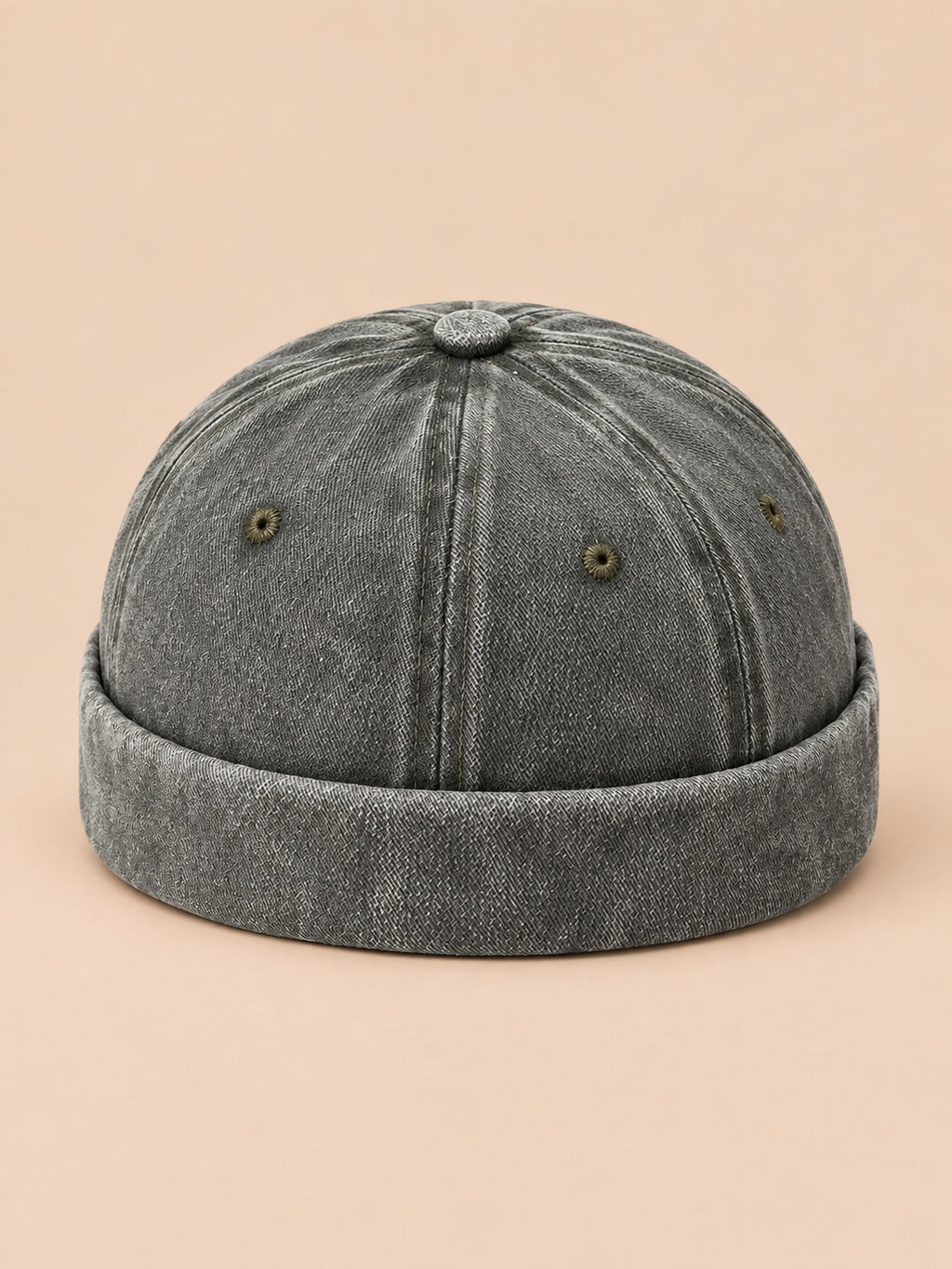 Berretto docker da marinaio in denim di cotone scolorito, colore verde, vista frontale