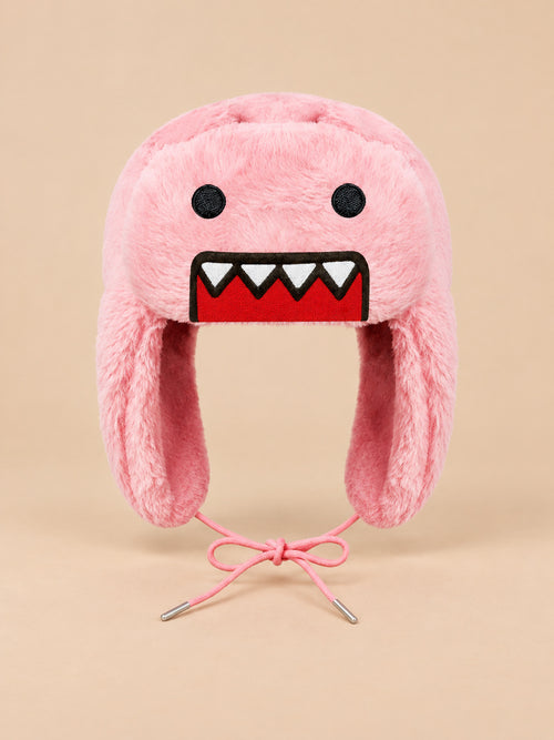 Berretto rosa con motivo cartoon, paraorecchie laterali e superficie effetto peluche, visto di fronte