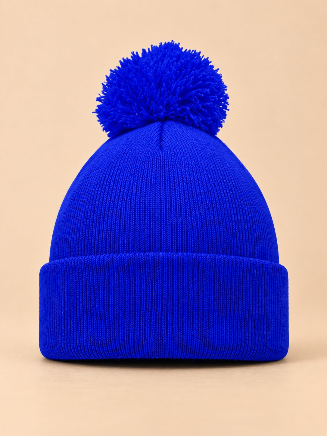 Berretto con pompon personalizzabile con logo ricamato, senza logo, colore blu, vista frontale