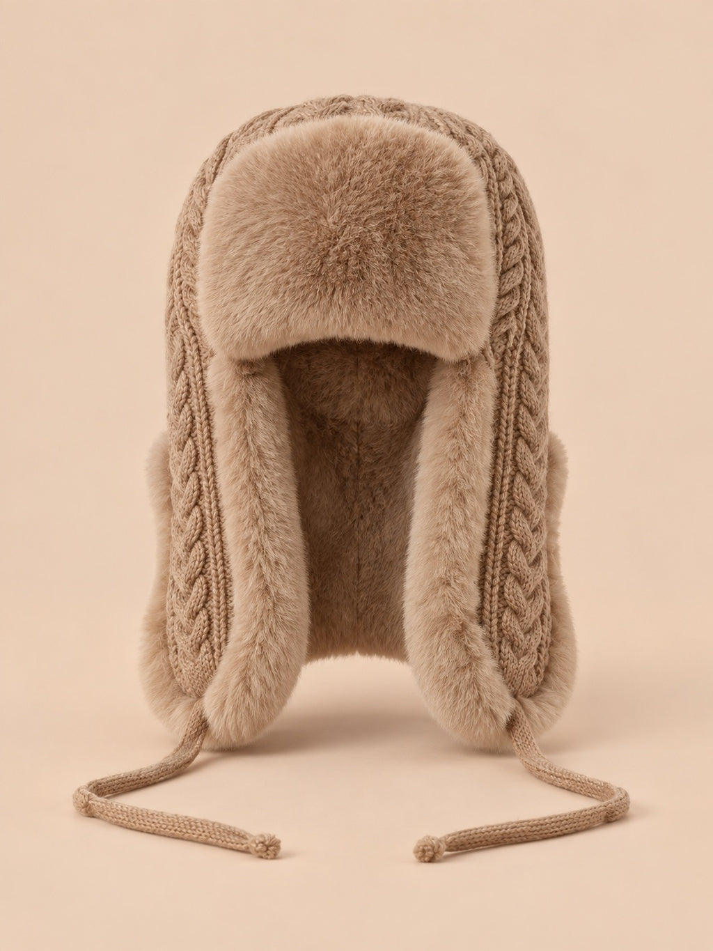 Berretto peruviano da donna con paraorecchie e lacci, colori kaki e beige, vista frontale