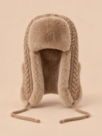 Berretto peruviano da donna con paraorecchie e lacci, colori kaki e beige, vista frontale