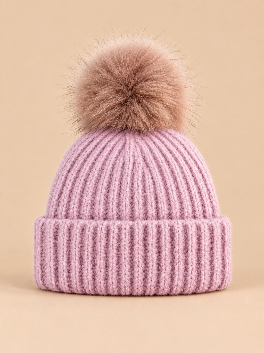 Berretto a coste in misto lana con pompon e risvolto, colore rosa, vista frontale