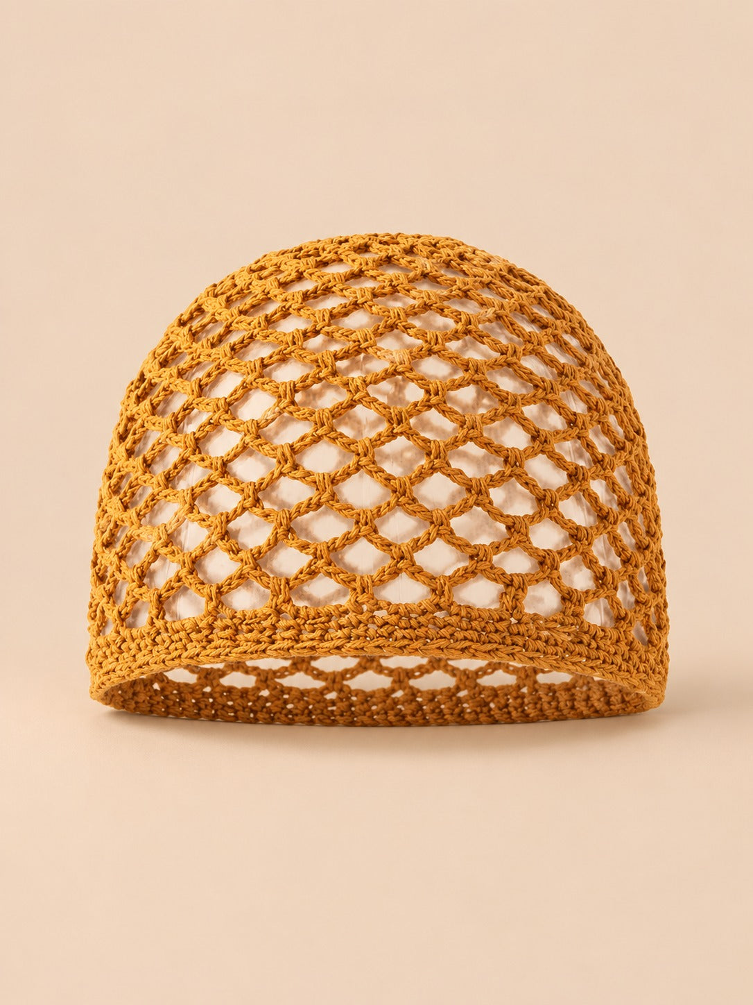 Cappello a rete in cotone traforato all’uncinetto per tutte le stagioni, colore caramello, vista frontale