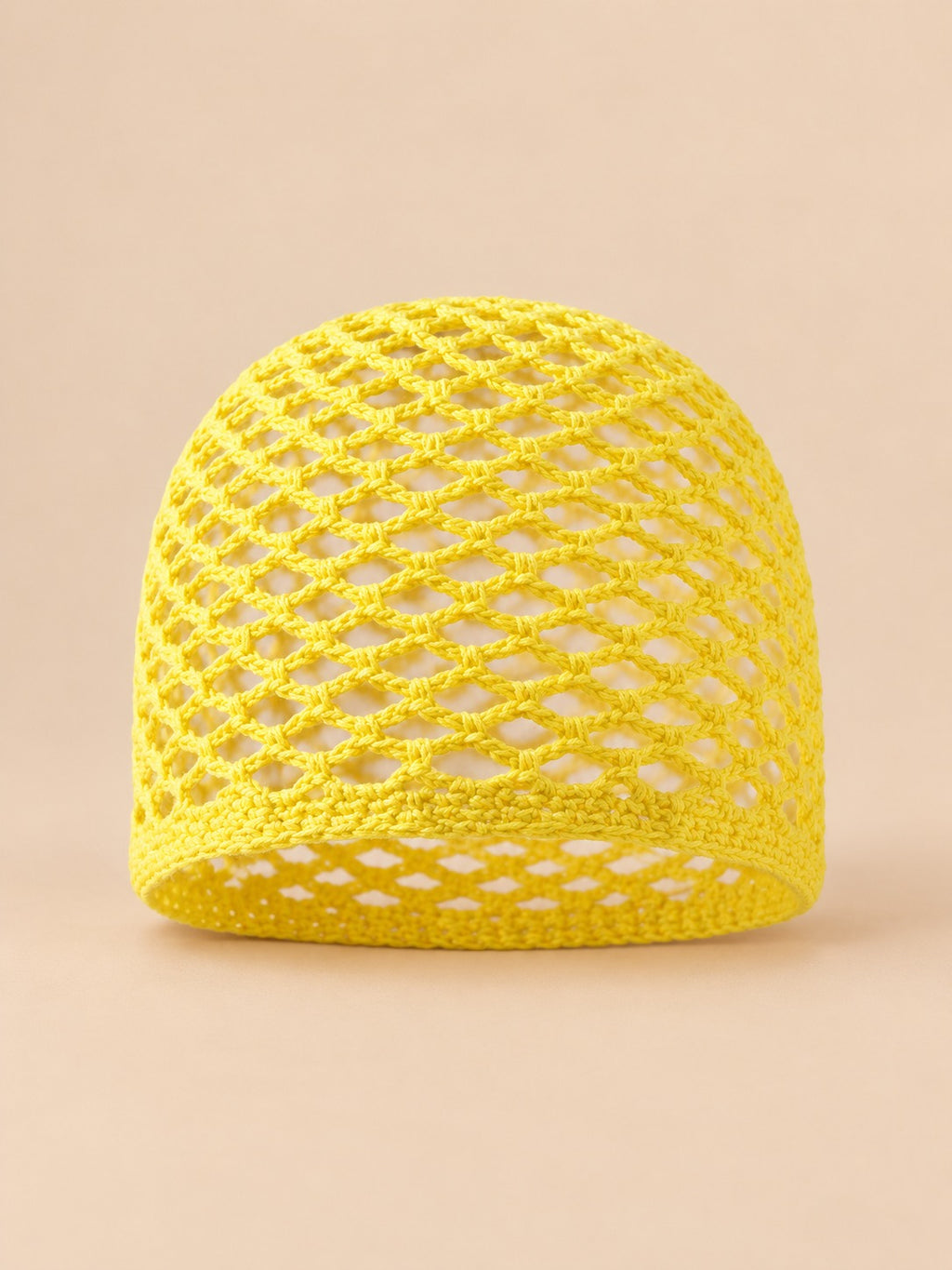 Cappello a rete in cotone traforato all’uncinetto per tutte le stagioni, colore giallo pulcino, vista frontale