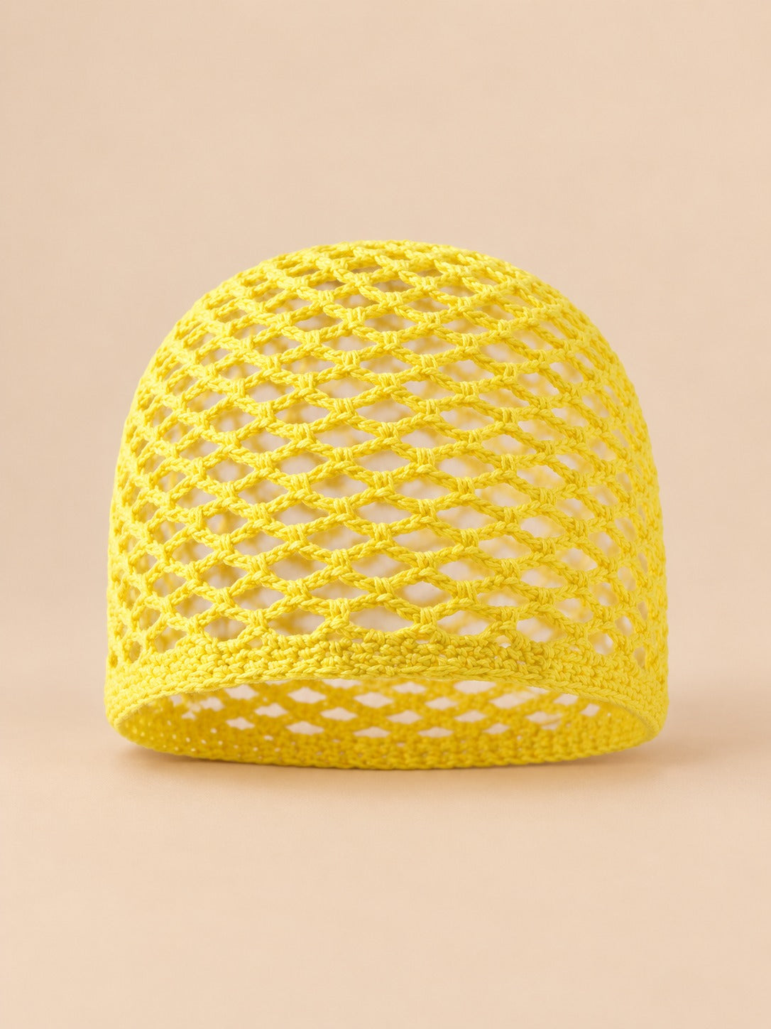 Cappello a rete in cotone traforato all’uncinetto per tutte le stagioni, colore giallo pulcino, vista frontale