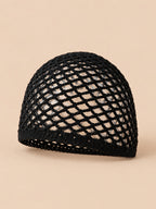 Cappello a rete in cotone traforato all’uncinetto per tutte le stagioni, colore nero, vista di tre quarti