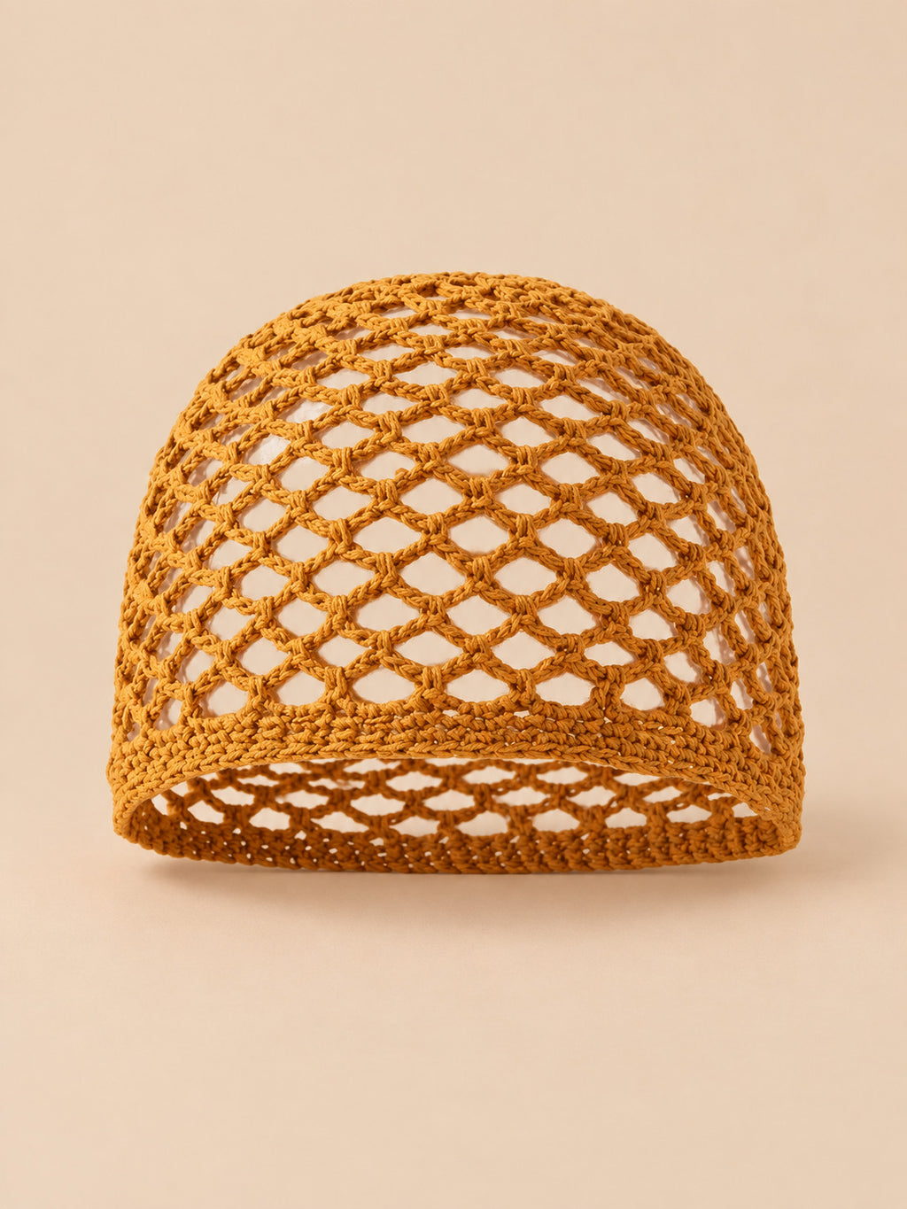 Cappello leggero da donna in cotone a rete traforato per l’estate, colore caramello, vista frontale
