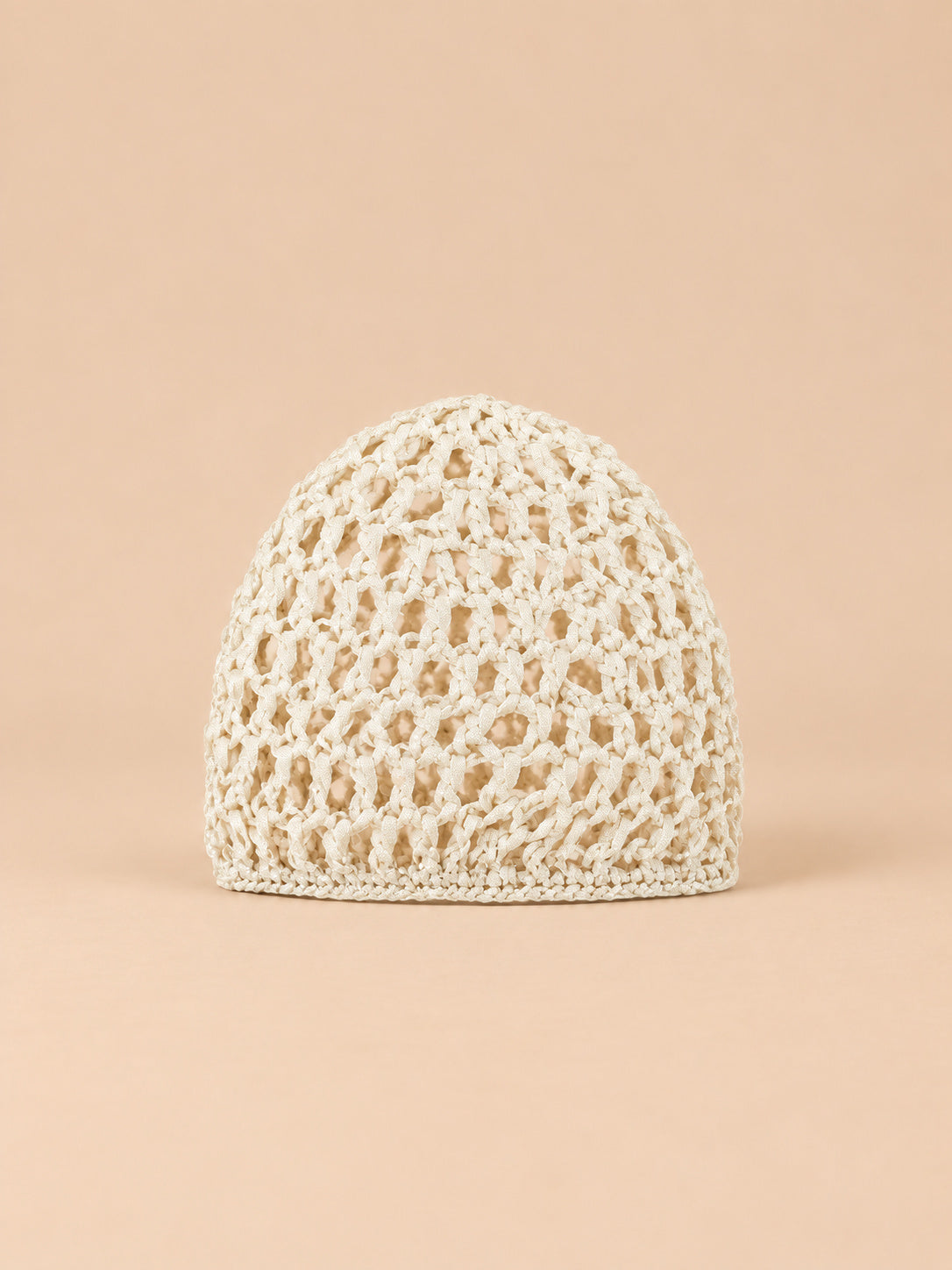 Turbante a rete traforato, elasticizzato e confortevole, colore beige, vista frontale
