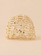 Cappello da donna all’uncinetto a rete brillante con paillettes, colore beige, vista frontale