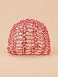 Cappello da donna all’uncinetto a rete brillante con paillettes, colore rosa, vista frontale