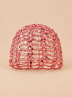 Cappello da donna all’uncinetto a rete brillante con paillettes, colore rosa, vista frontale