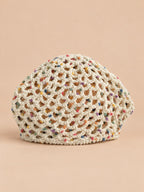 Cappello rétro a rete e a coste, lavorato all’uncinetto fine, colore multicolore, vista frontale