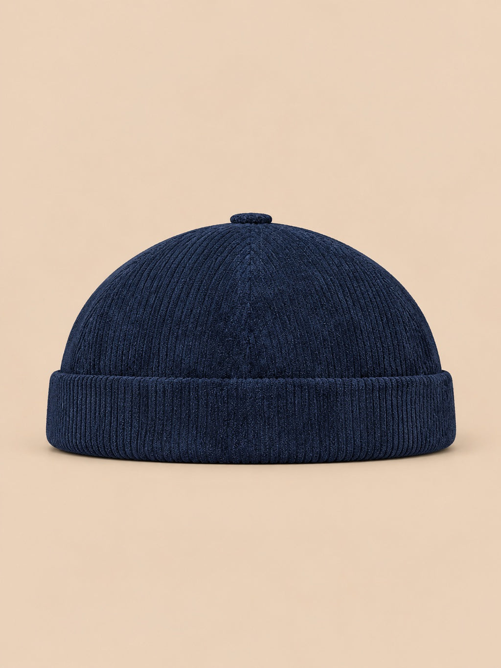 Berretto senza tesa a righe in velluto a coste da mezza stagione, colore blu navy, vista frontale
