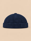Berretto senza tesa a righe in velluto a coste da mezza stagione, colore blu navy, vista frontale