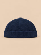 Berretto senza tesa a righe in velluto a coste da mezza stagione, colore blu navy, vista frontale
