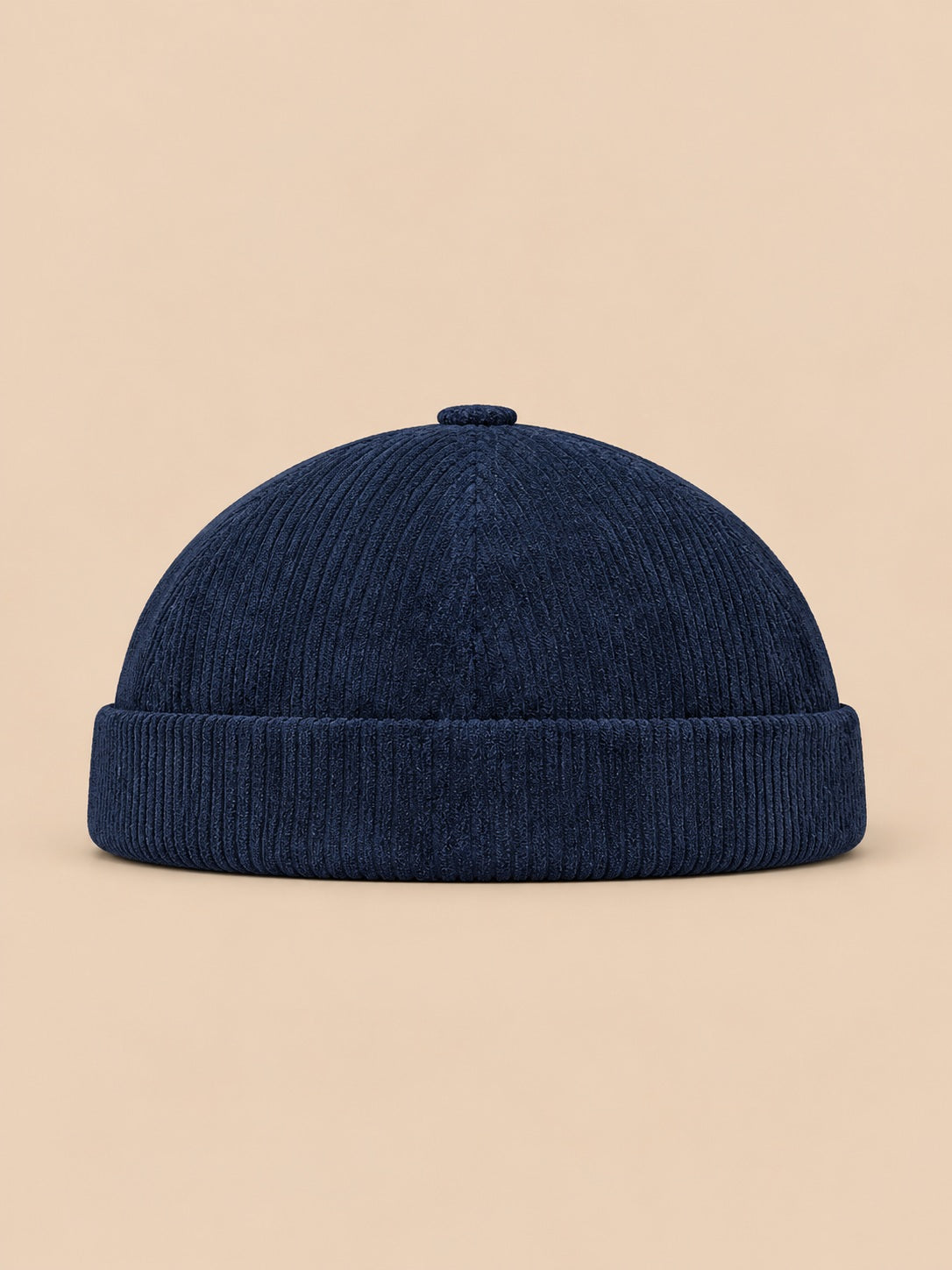 Berretto senza tesa a righe in velluto a coste da mezza stagione, colore blu navy, vista frontale