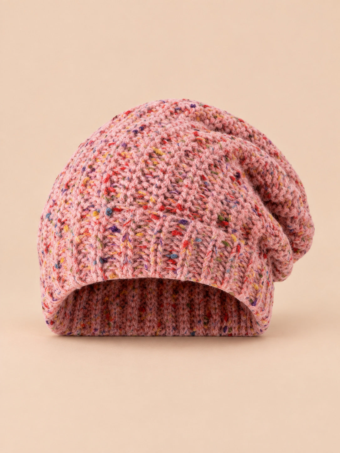 Berretto slouchy da donna bicolore in maglia spessa, colore rosa, vista frontale