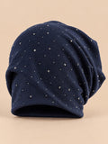 Berretto slouchy da donna in cotone lavorato a maglia con strass, colore blu navy, vista frontale
