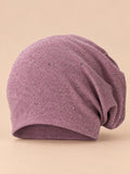 Berretto slouchy da donna in cotone lavorato a maglia con strass, colore viola, vista frontale