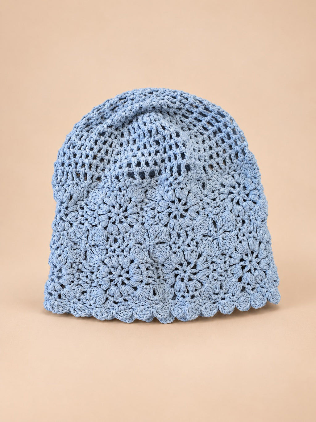 Turbante traforato all’uncinetto, stile giapponese rétro, colore blu, vista frontale