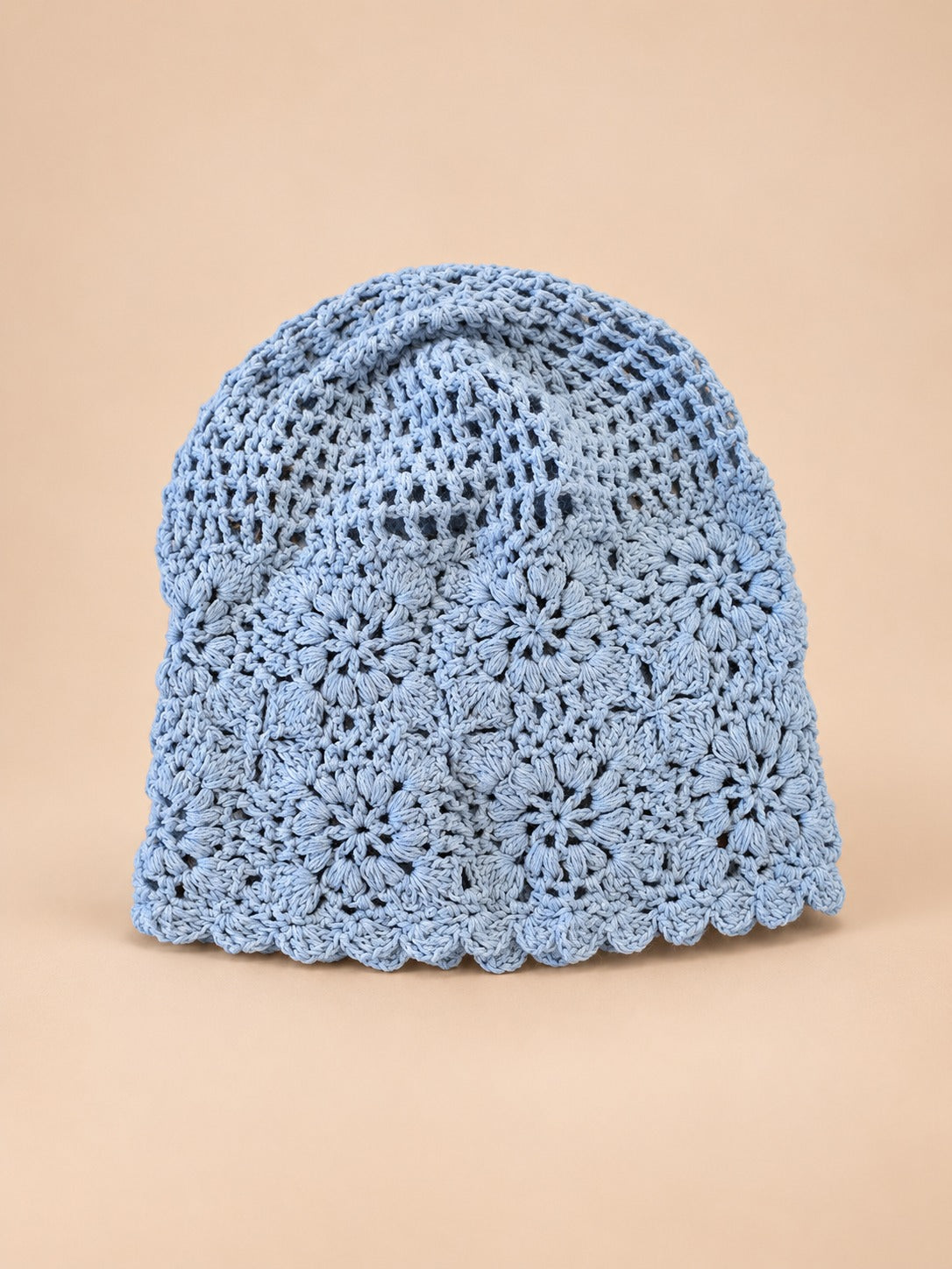 Turbante traforato all’uncinetto, stile giapponese rétro, colore blu, vista frontale