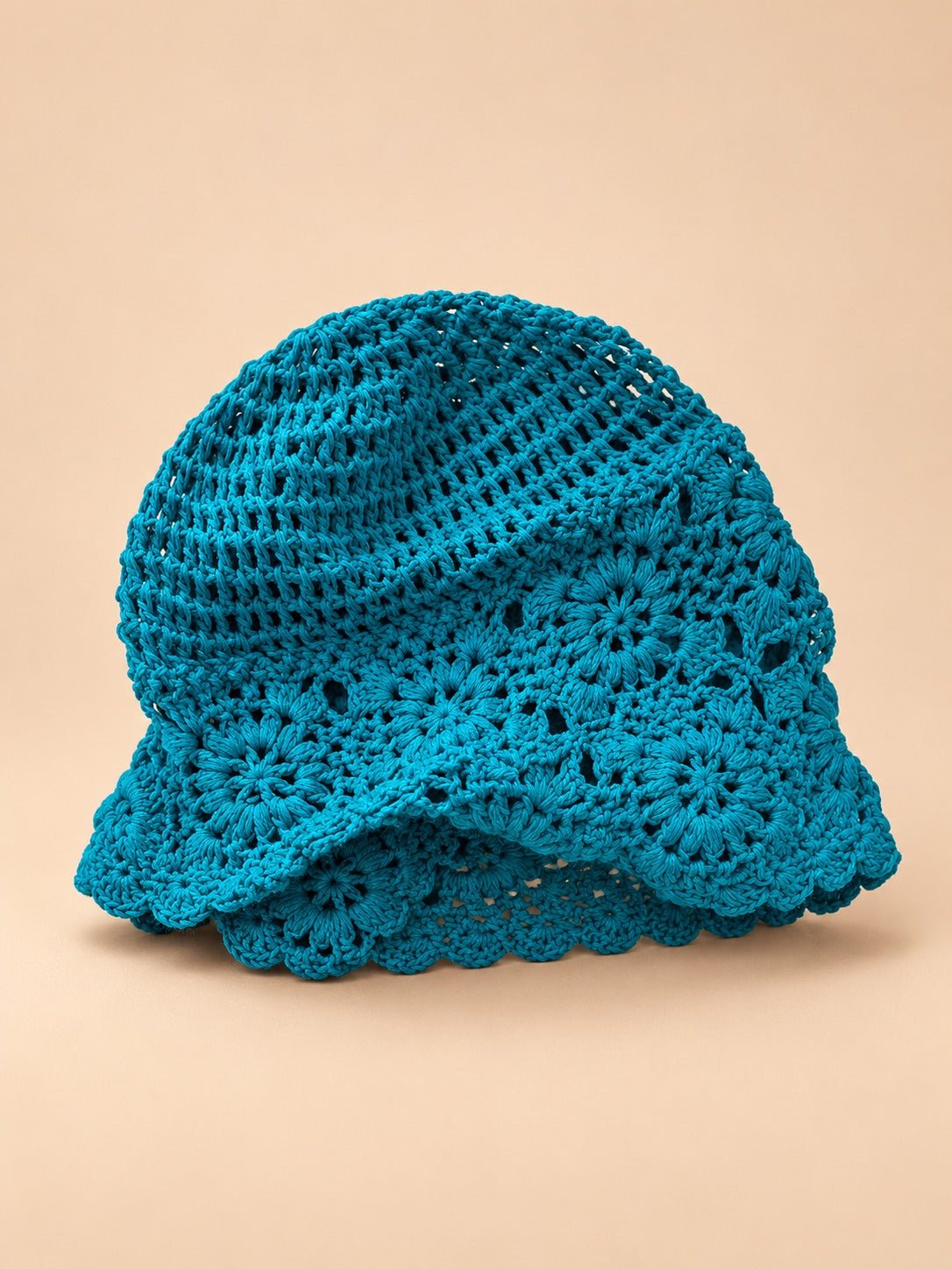 Turbante traforato all’uncinetto, stile giapponese rétro, colore blu scuro, vista frontale