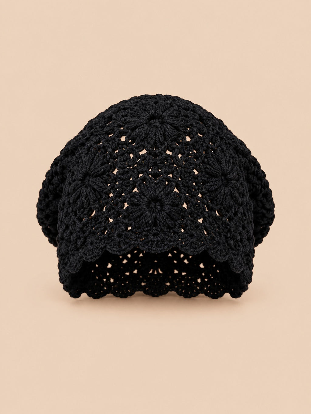 Turbante traforato all’uncinetto, stile giapponese rétro, colore nero, vista frontale