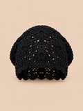 Turbante traforato all’uncinetto, stile giapponese rétro, colore nero, vista frontale