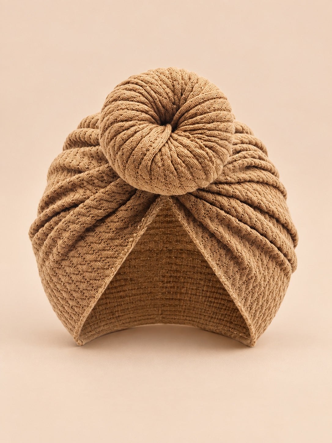 Turbante annodato da neonata coordinato mamma e bambina, colore caffè, vista frontale