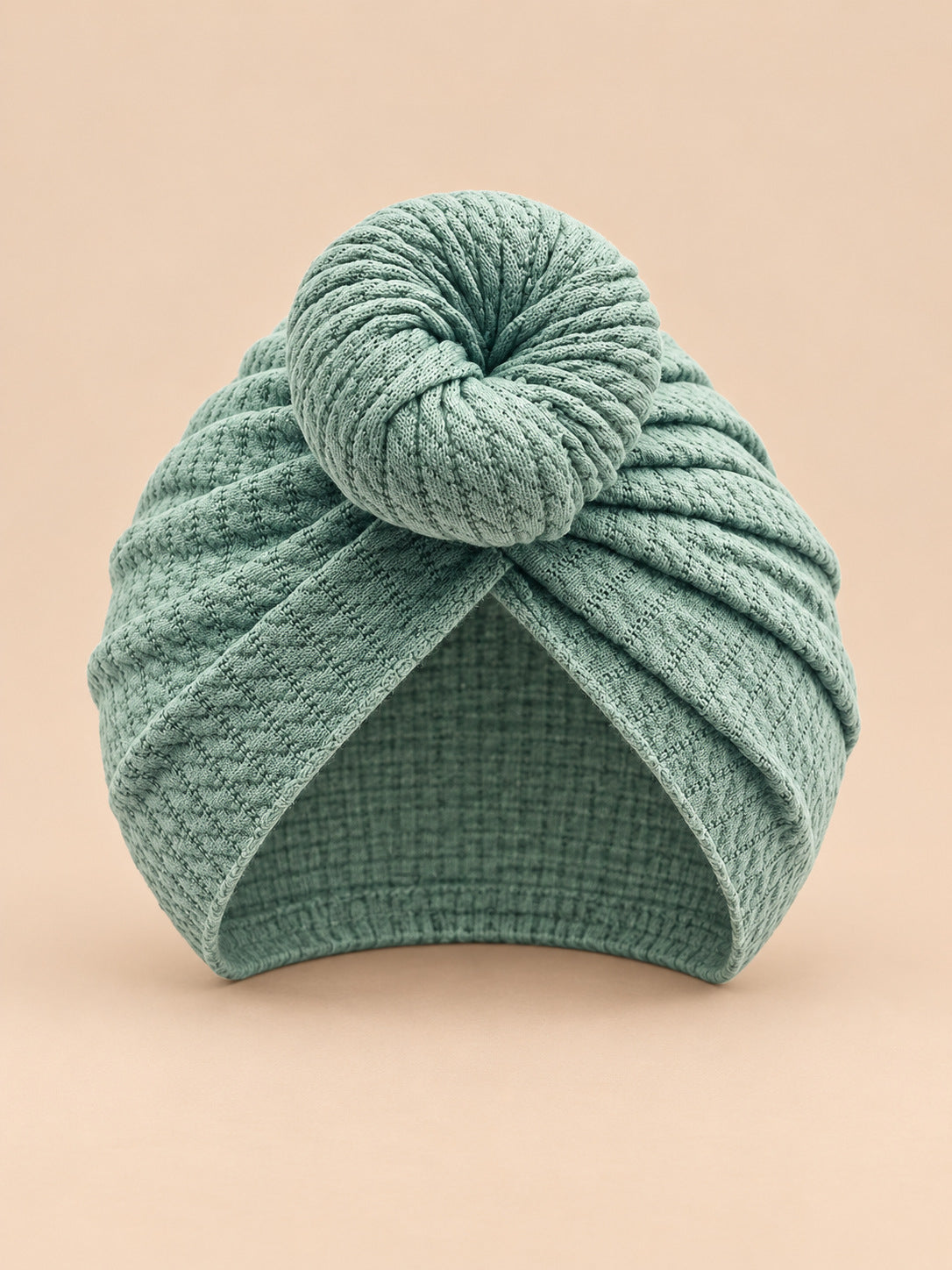 Turbante annodato da neonata coordinato mamma e bambina, colore verde, vista frontale
