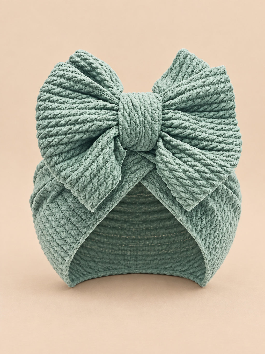 Turbante annodato da neonata coordinato mamma e bambina, colore verde, vista frontale