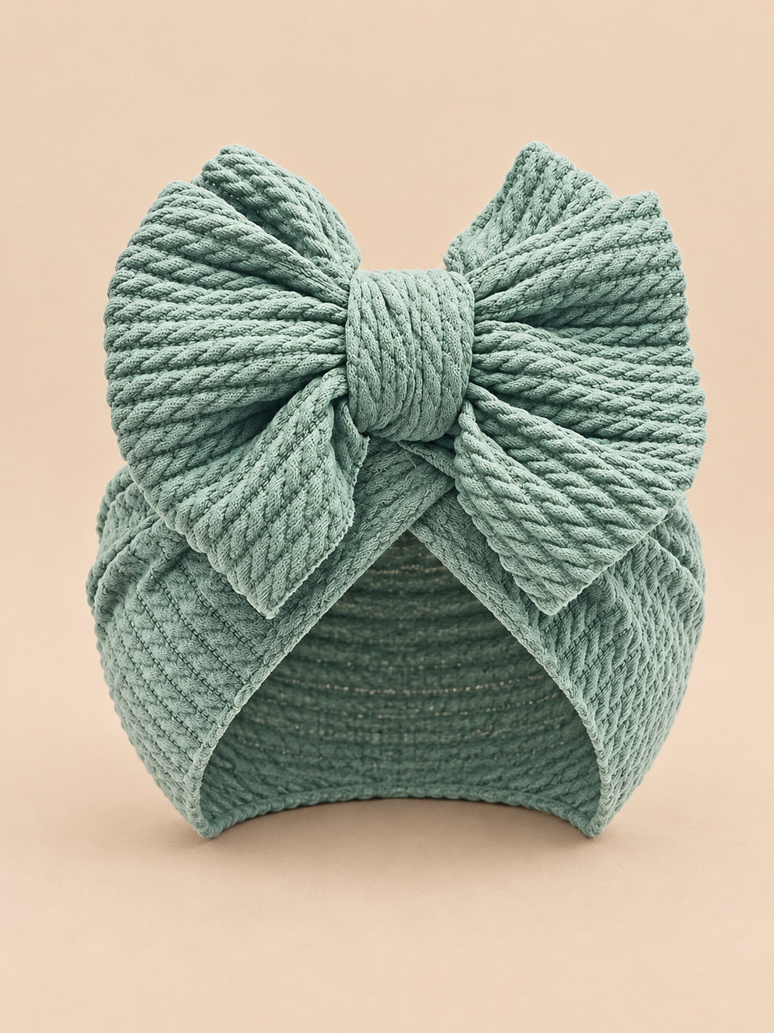 Turbante annodato da neonata coordinato mamma e bambina, colore verde, vista frontale