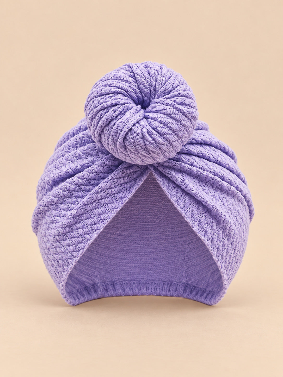Turbante annodato da neonata coordinato mamma e bambina, colore viola, vista frontale