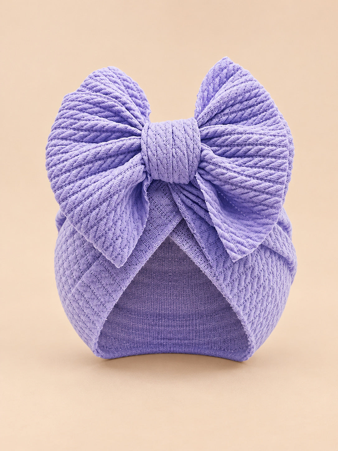 Turbante annodato da neonata coordinato mamma e bambina, colore viola, vista frontale