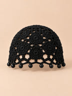 Turbante vintage senza tesa all’uncinetto con perline, colore nero, vista frontale