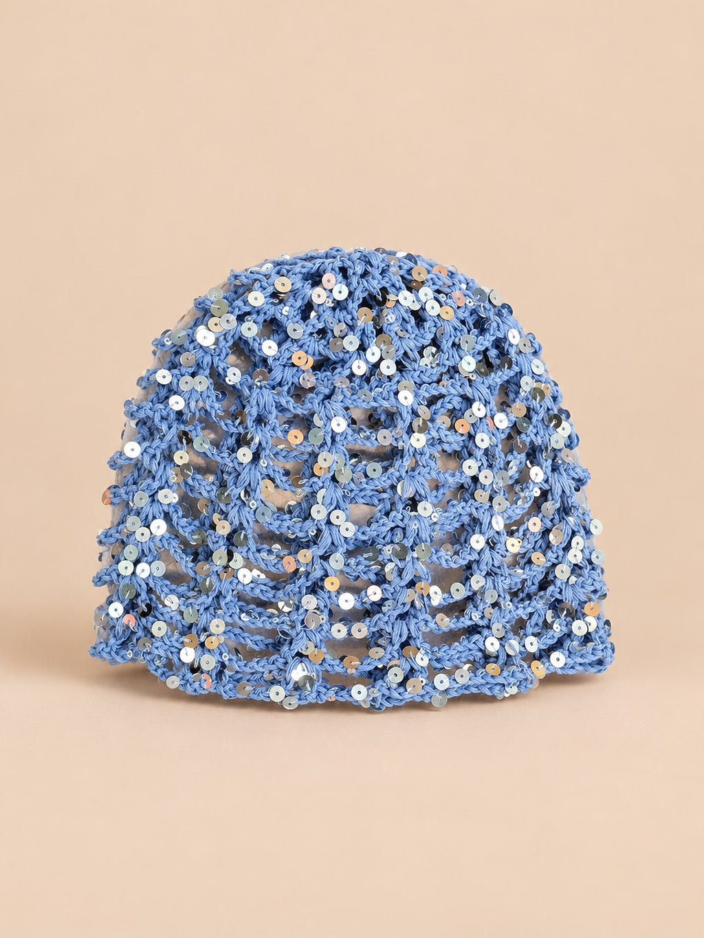 Cappello vintage traforato con paillettes da viaggio, colore blu, vista frontale