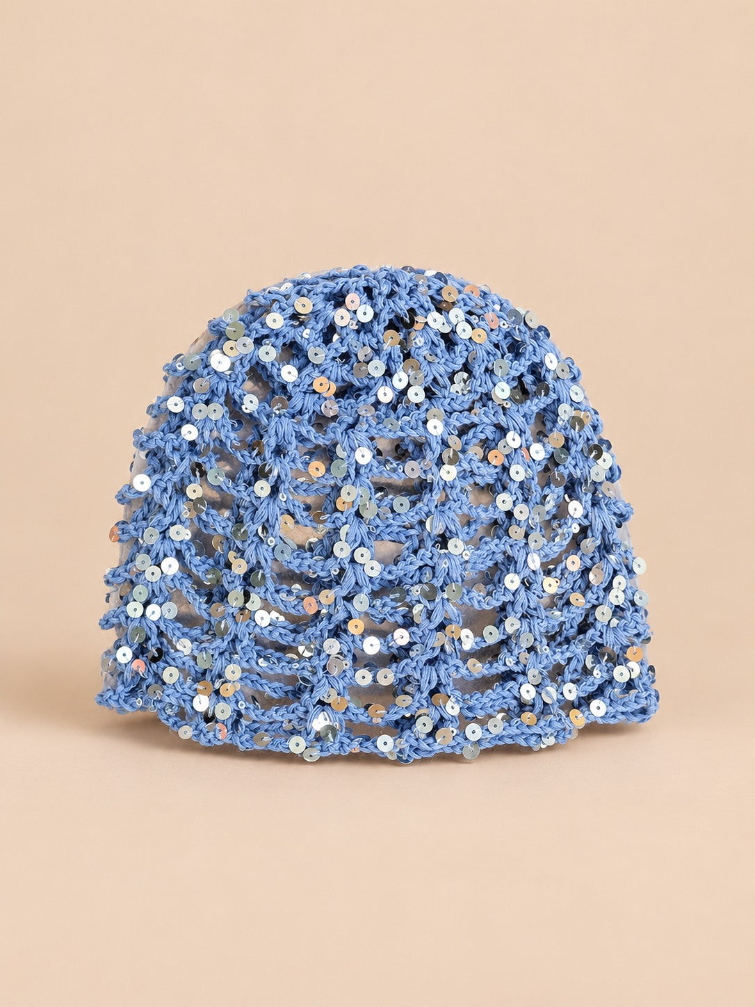 Cappello vintage traforato con paillettes da viaggio, colore blu, vista frontale