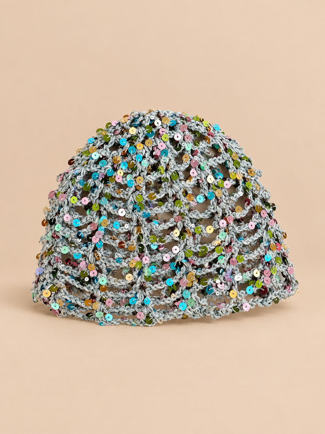 Cappello vintage traforato con paillettes da viaggio, colore grigio, vista frontale