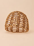 Cappello estivo da donna kaki con lavorazione traforata e paillettes lucenti in stile rétro, vista frontale